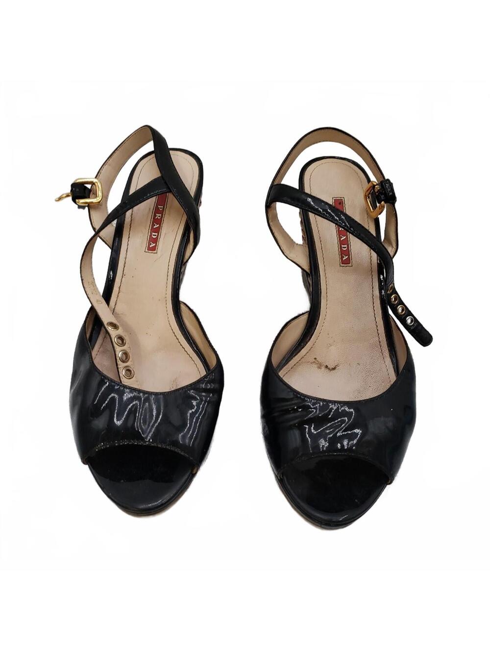 Prada Black Patent Leather Rattan Wedge Sandals Size 40 EU 3X3192